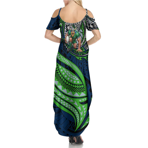 Personalised Canberra Raiders Family Matching Summer Maxi Dress and Hawaiian Shirt Polynesian Tribal Art Style With Viking Raider Mascot