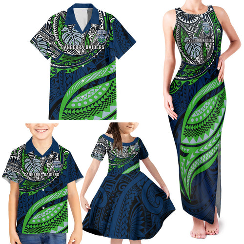 Personalised Canberra Raiders Family Matching Tank Maxi Dress and Hawaiian Shirt Polynesian Tribal Art Style With Viking Raider Mascot