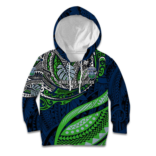 Personalised Canberra Raiders Kid Hoodie Polynesian Tribal Art Style With Viking Raider Mascot