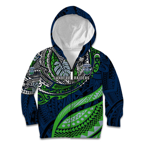Personalised Canberra Raiders Kid Hoodie Polynesian Tribal Art Style With Viking Raider Mascot