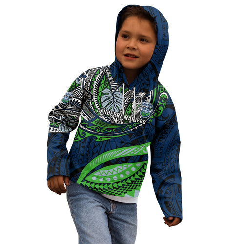 Personalised Canberra Raiders Kid Hoodie Polynesian Tribal Art Style With Viking Raider Mascot