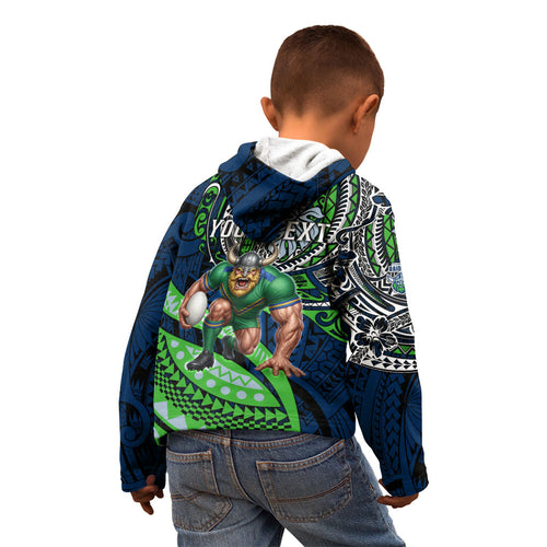 Personalised Canberra Raiders Kid Hoodie Polynesian Tribal Art Style With Viking Raider Mascot