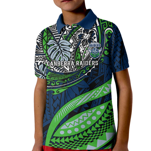 Personalised Canberra Raiders Kid Polo Shirt Polynesian Tribal Art Style With Viking Raider Mascot