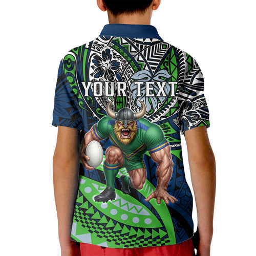 Personalised Canberra Raiders Kid Polo Shirt Polynesian Tribal Art Style With Viking Raider Mascot