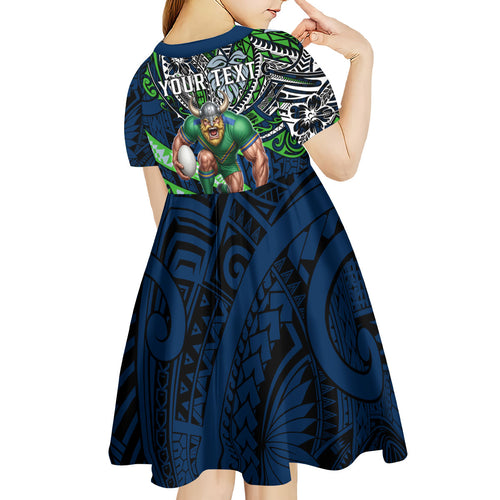 Personalised Canberra Raiders Kid Short Sleeve Dress Polynesian Tribal Art Style With Viking Raider Mascot