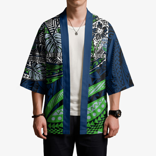 Personalised Canberra Raiders Kimono Polynesian Tribal Art Style With Viking Raider Mascot