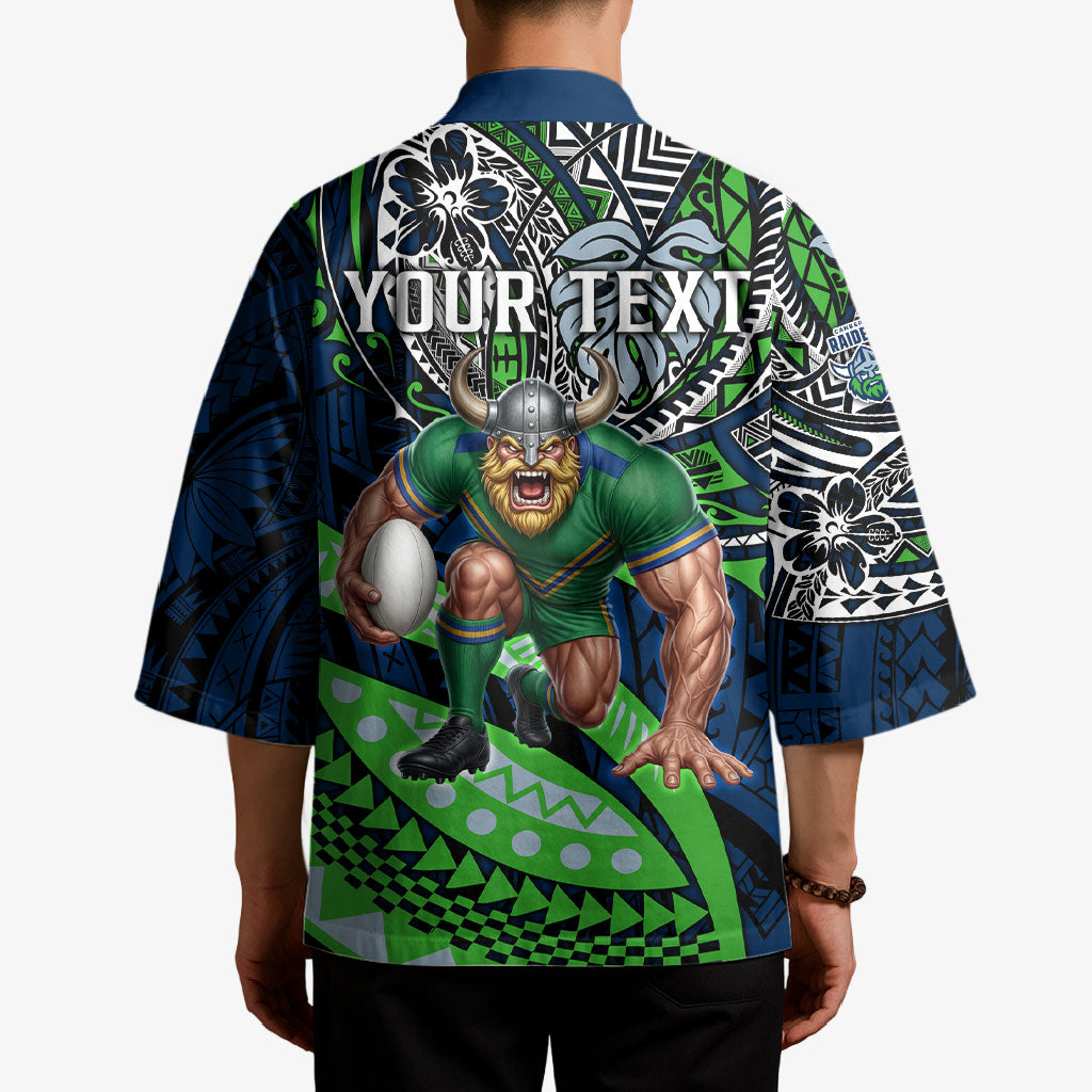 Personalised Canberra Raiders Kimono Polynesian Tribal Art Style With Viking Raider Mascot