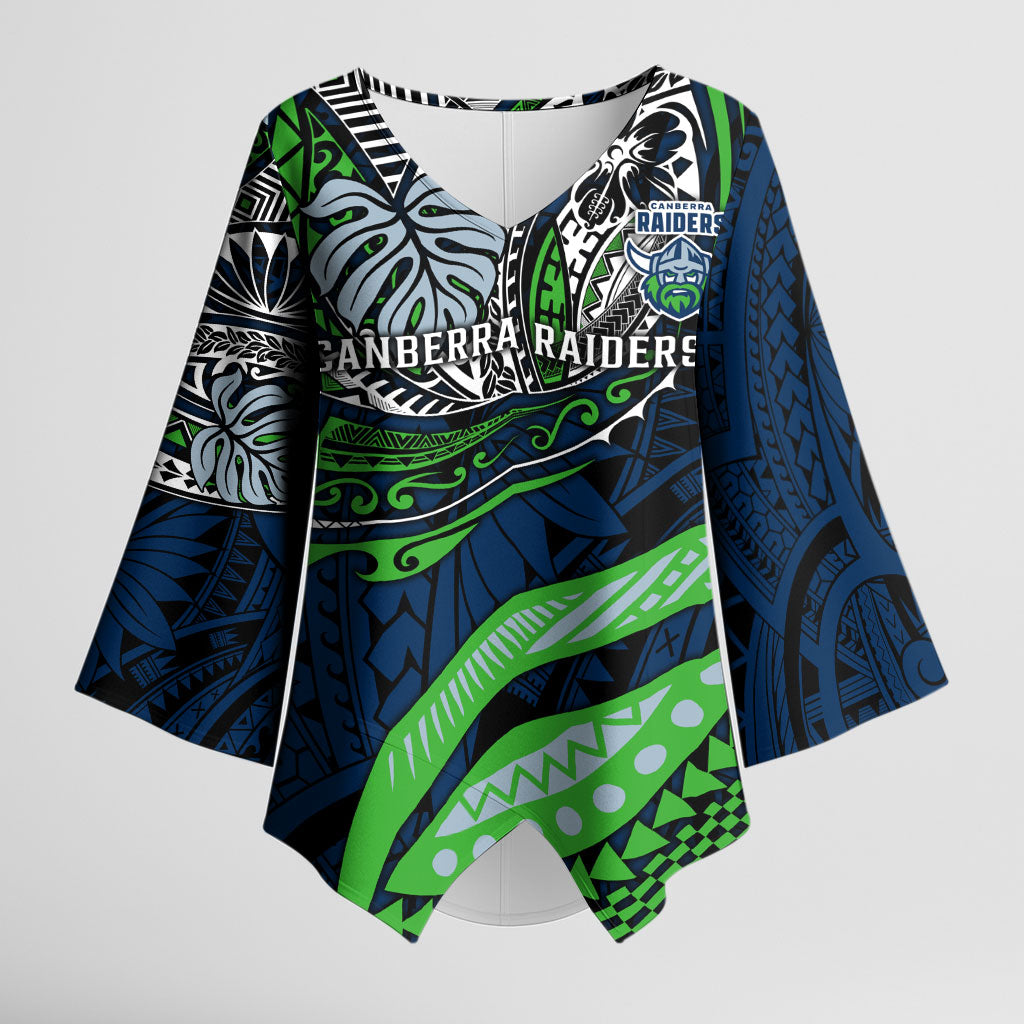 Personalised Canberra Raiders Kimono Sleeve Blouse Polynesian Tribal Art Style With Viking Raider Mascot