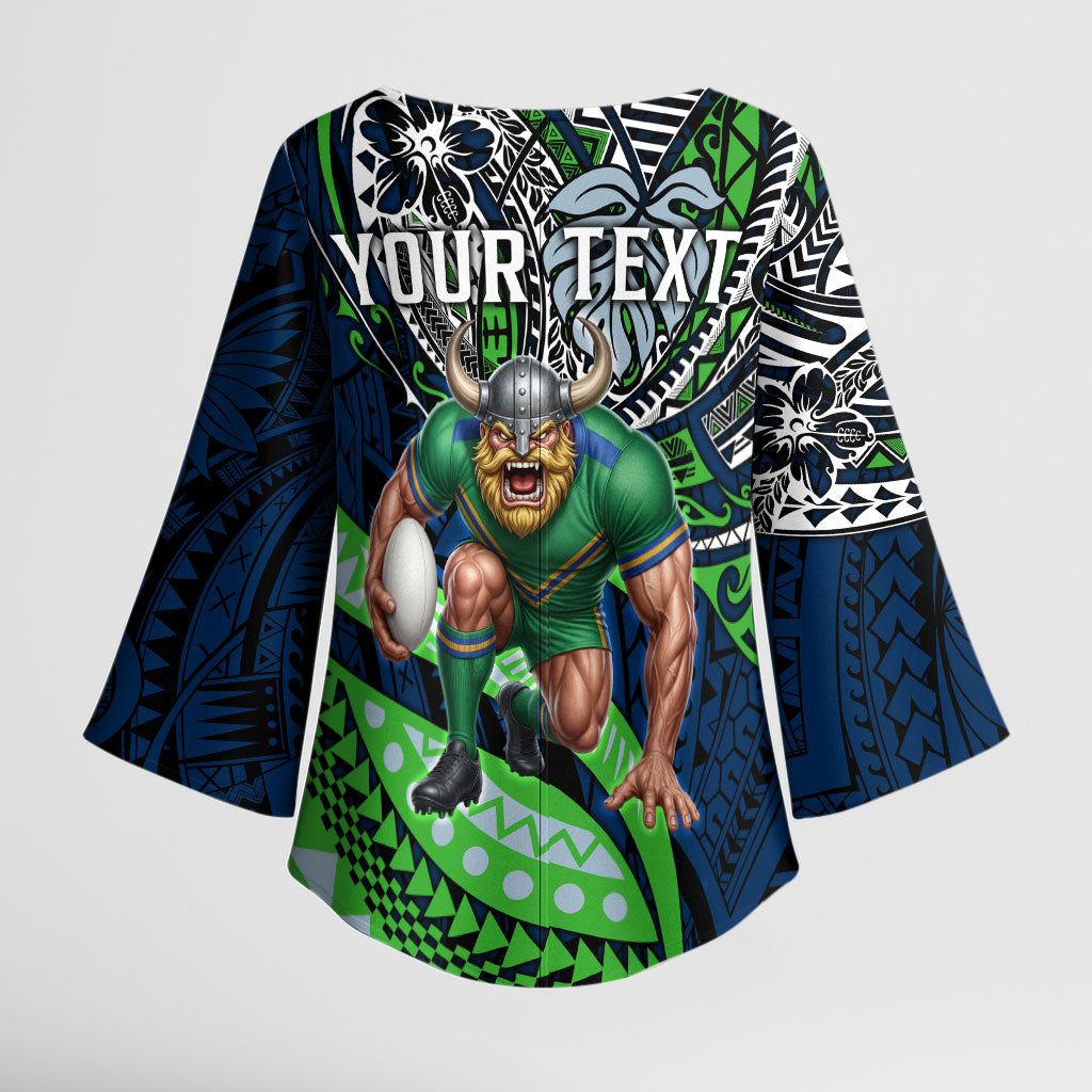 Personalised Canberra Raiders Kimono Sleeve Blouse Polynesian Tribal Art Style With Viking Raider Mascot