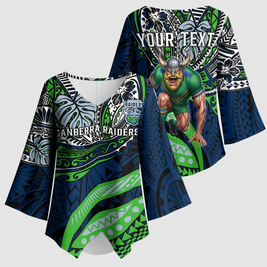 Personalised Canberra Raiders Kimono Sleeve Blouse Polynesian Tribal Art Style With Viking Raider Mascot
