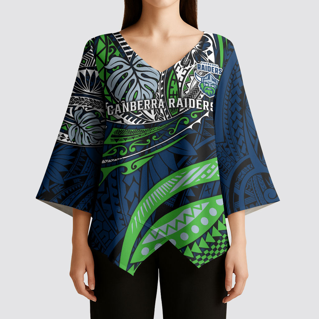 Personalised Canberra Raiders Kimono Sleeve Blouse Polynesian Tribal Art Style With Viking Raider Mascot