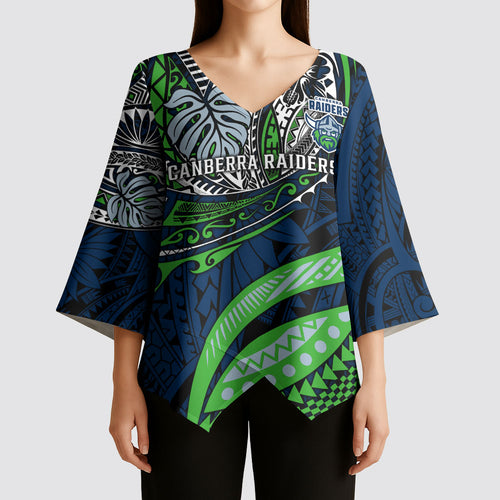 Personalised Canberra Raiders Kimono Sleeve Blouse Polynesian Tribal Art Style With Viking Raider Mascot