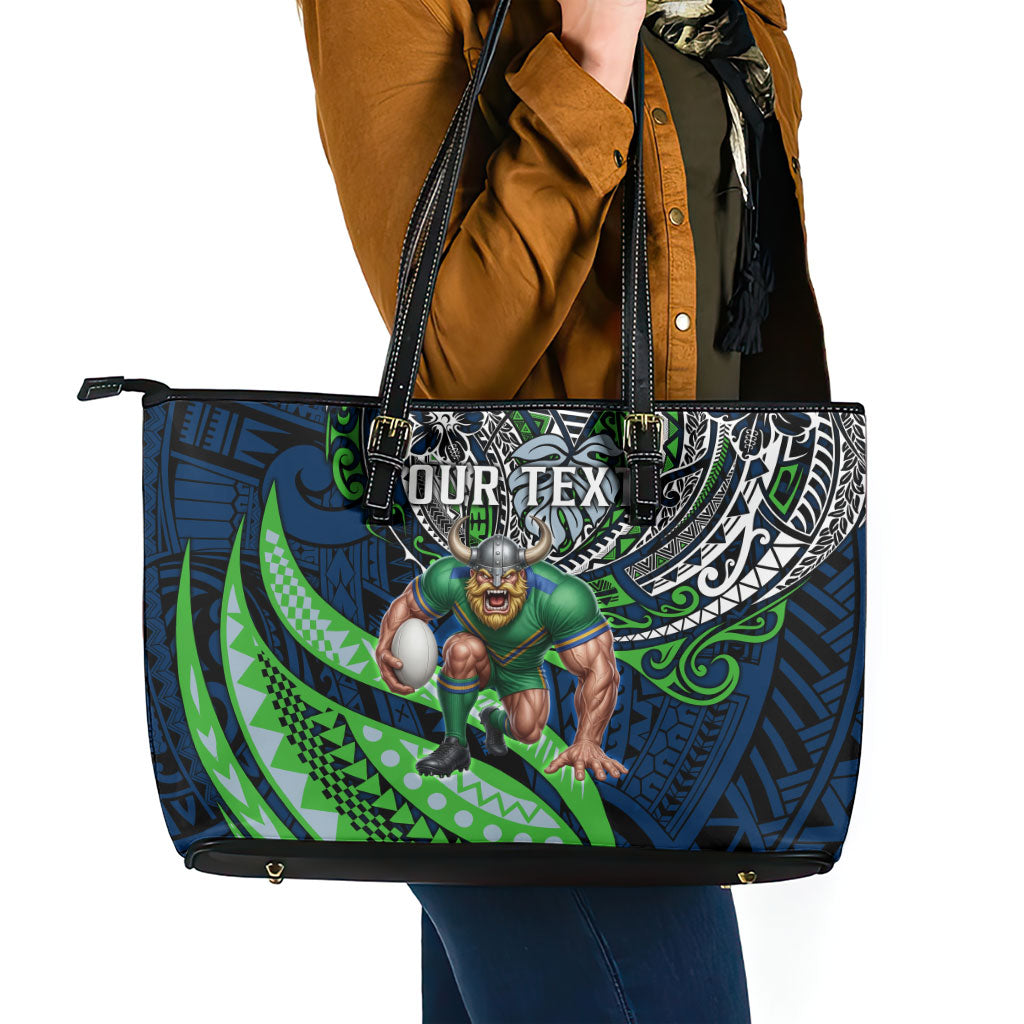 Personalised Canberra Raiders Leather Tote Bag Polynesian Tribal Art Style With Viking Raider Mascot