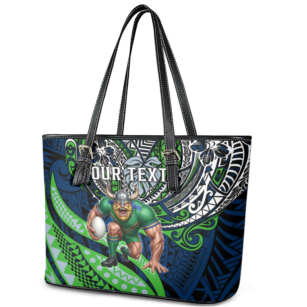 Personalised Canberra Raiders Leather Tote Bag Polynesian Tribal Art Style With Viking Raider Mascot