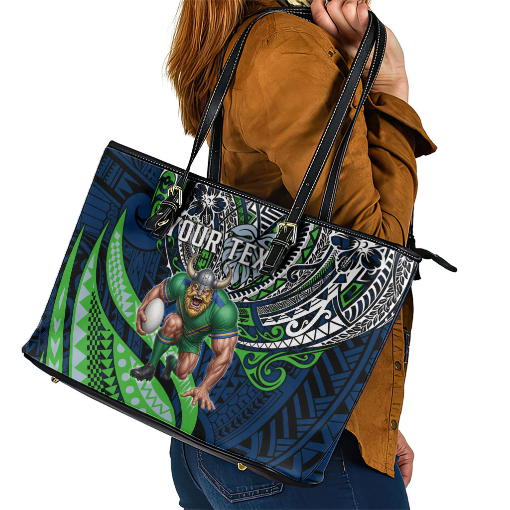 Personalised Canberra Raiders Leather Tote Bag Polynesian Tribal Art Style With Viking Raider Mascot
