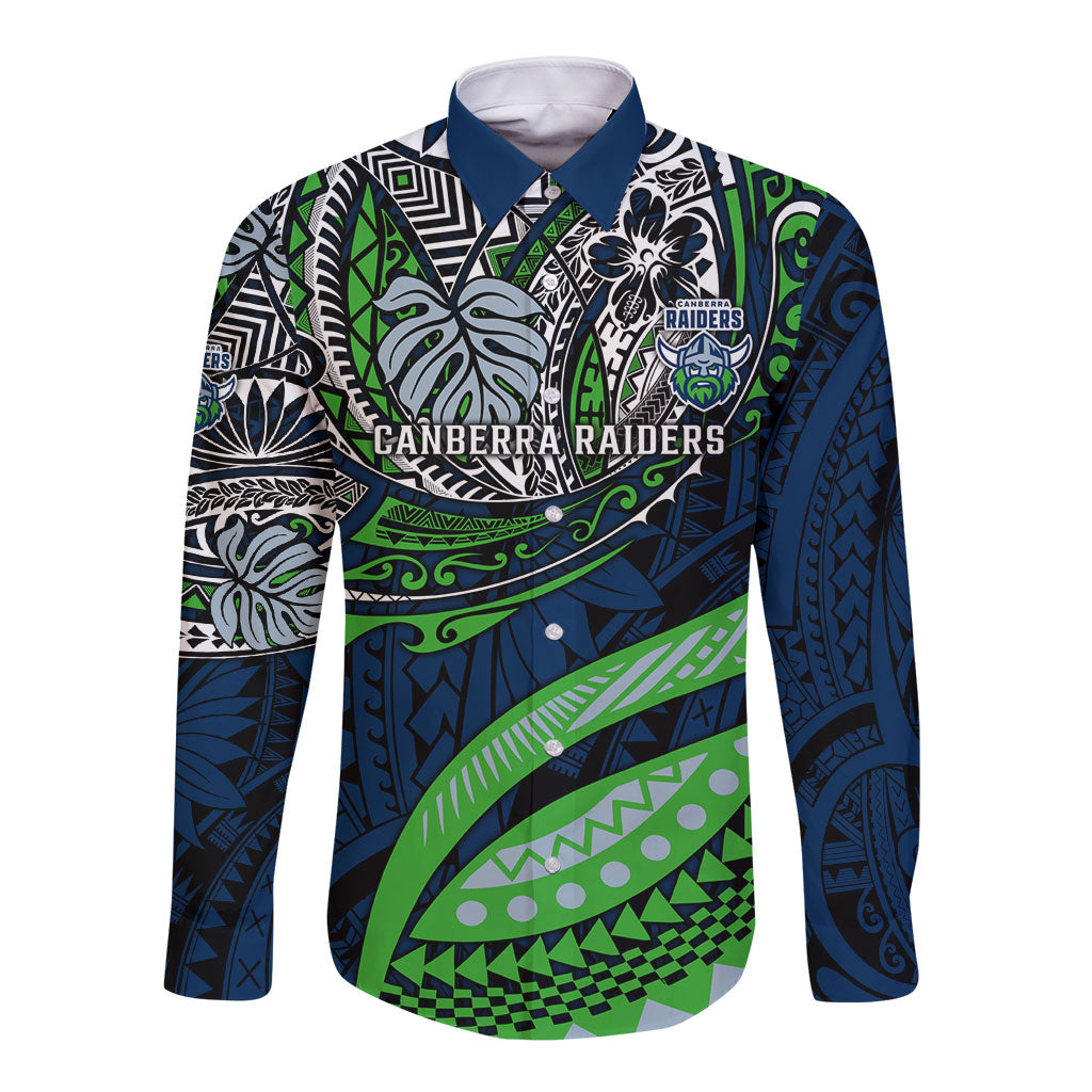 Personalised Canberra Raiders Long Sleeve Button Shirt Polynesian Tribal Art Style With Viking Raider Mascot