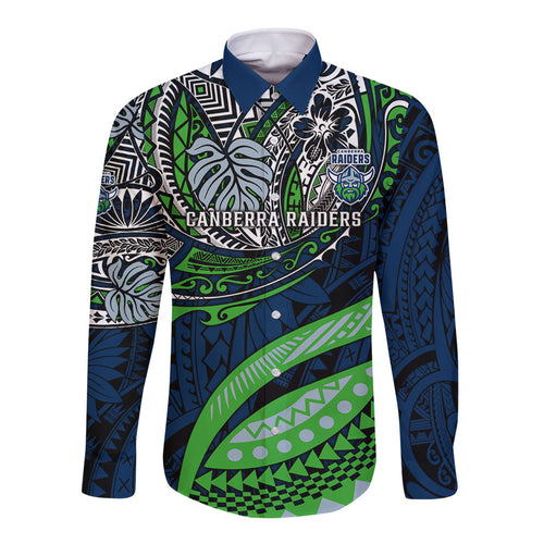 Personalised Canberra Raiders Long Sleeve Button Shirt Polynesian Tribal Art Style With Viking Raider Mascot