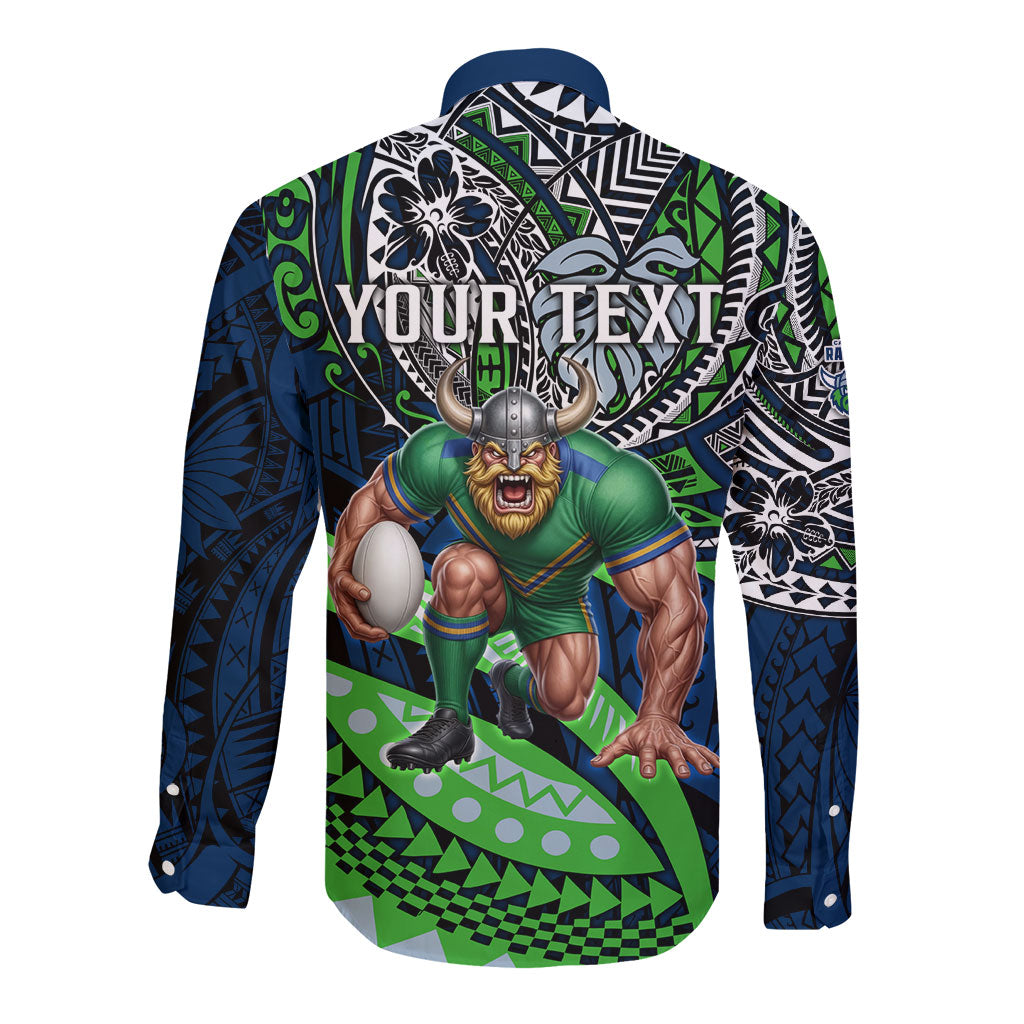 Personalised Canberra Raiders Long Sleeve Button Shirt Polynesian Tribal Art Style With Viking Raider Mascot