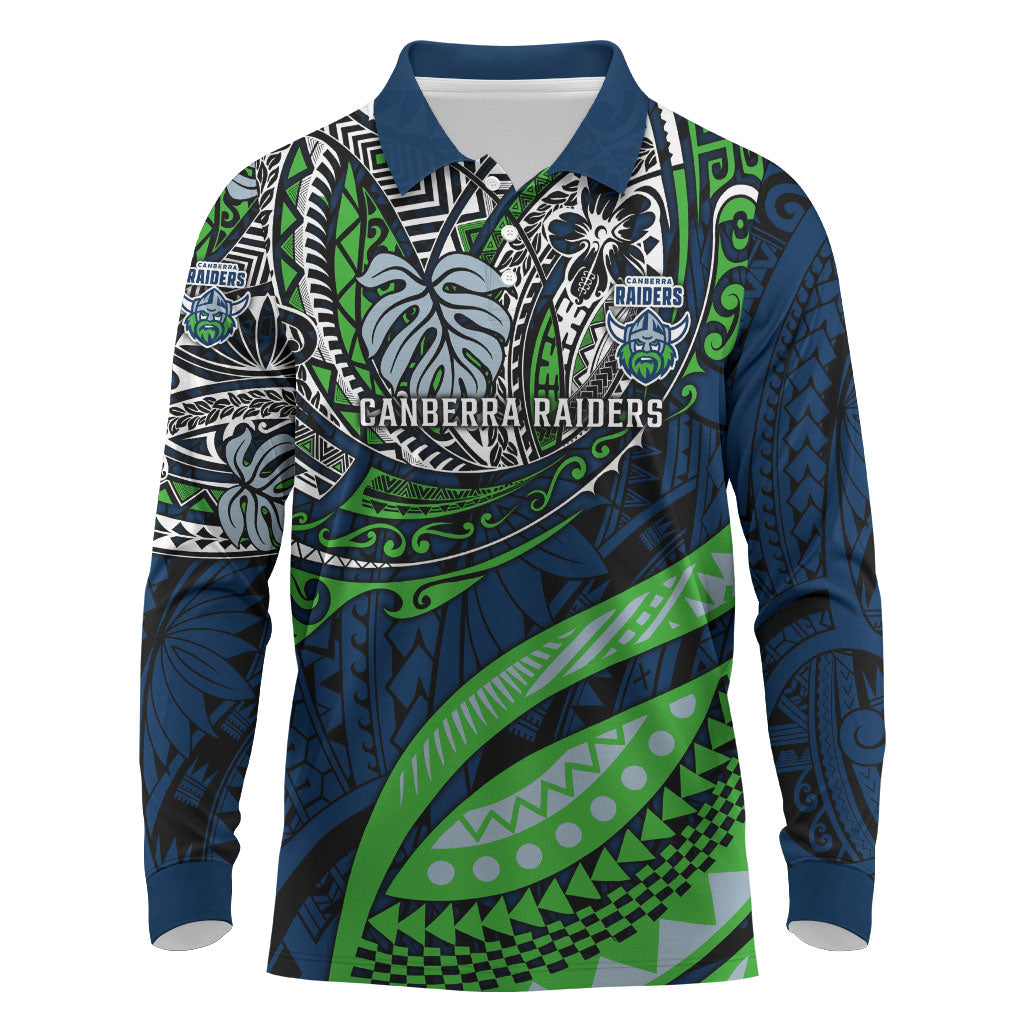 Personalised Canberra Raiders Long Sleeve Polo Shirt Polynesian Tribal Art Style With Viking Raider Mascot
