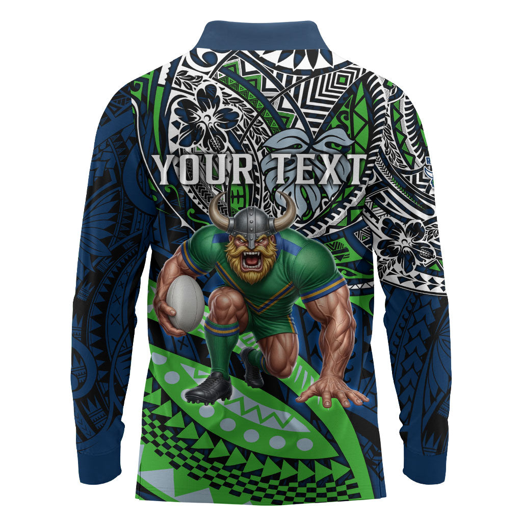 Personalised Canberra Raiders Long Sleeve Polo Shirt Polynesian Tribal Art Style With Viking Raider Mascot