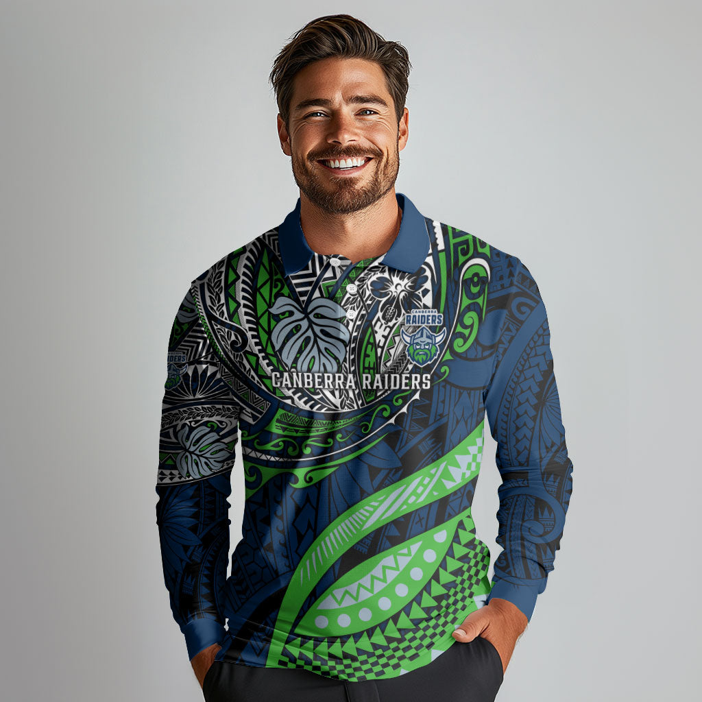 Personalised Canberra Raiders Long Sleeve Polo Shirt Polynesian Tribal Art Style With Viking Raider Mascot