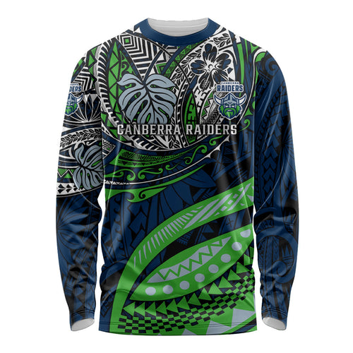 Personalised Canberra Raiders Long Sleeve Shirt Polynesian Tribal Art Style With Viking Raider Mascot