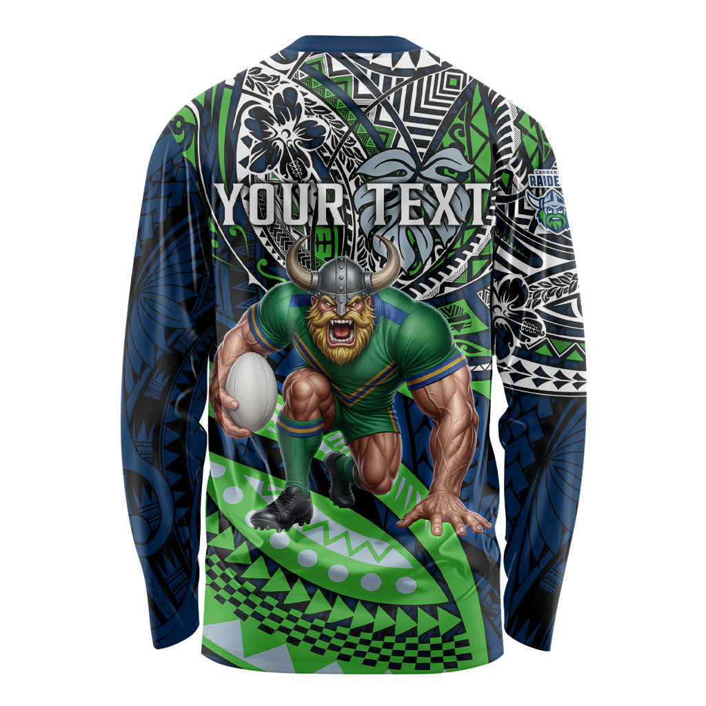 Personalised Canberra Raiders Long Sleeve Shirt Polynesian Tribal Art Style With Viking Raider Mascot