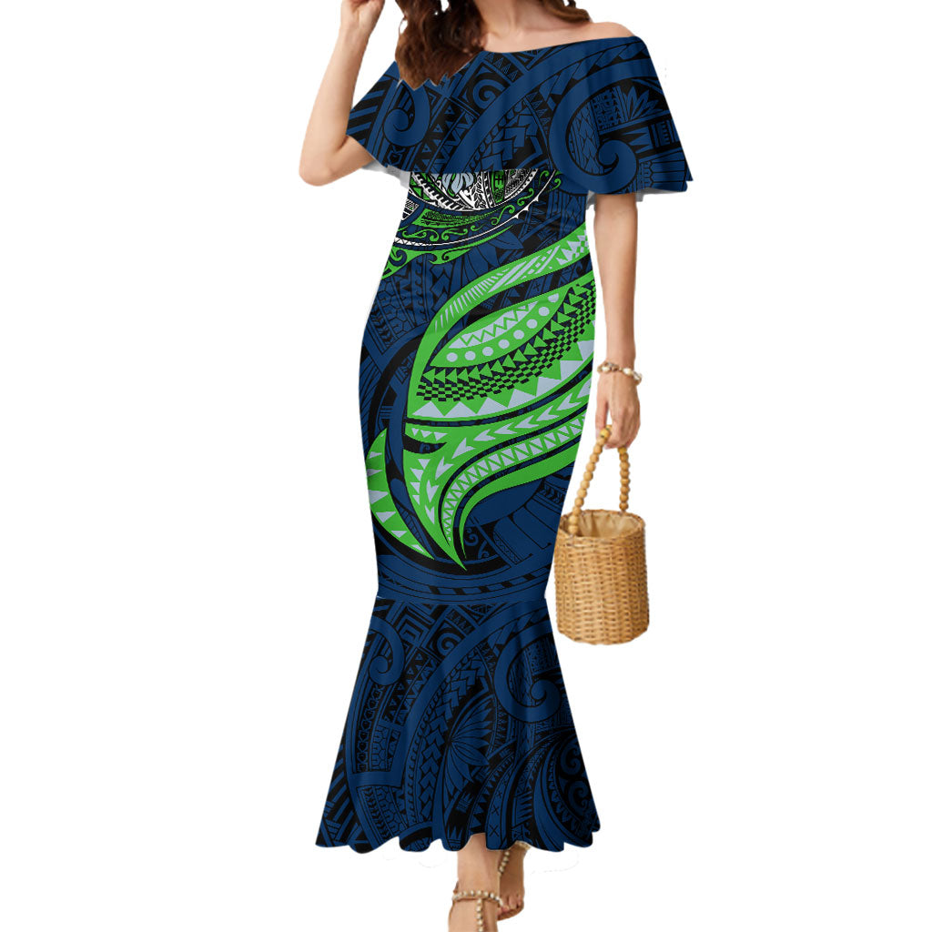 Personalised Canberra Raiders Mermaid Dress Polynesian Tribal Art Style With Viking Raider Mascot