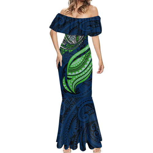 Personalised Canberra Raiders Mermaid Dress Polynesian Tribal Art Style With Viking Raider Mascot