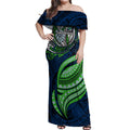 Personalised Canberra Raiders Off Shoulder Maxi Dress Polynesian Tribal Art Style With Viking Raider Mascot