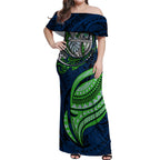 Personalised Canberra Raiders Off Shoulder Maxi Dress Polynesian Tribal Art Style With Viking Raider Mascot