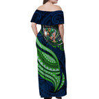 Personalised Canberra Raiders Off Shoulder Maxi Dress Polynesian Tribal Art Style With Viking Raider Mascot