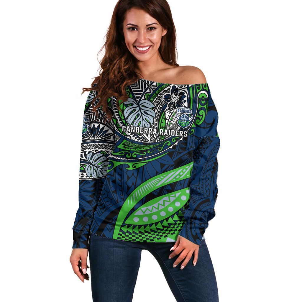 Personalised Canberra Raiders Off Shoulder Sweater Polynesian Tribal Art Style With Viking Raider Mascot