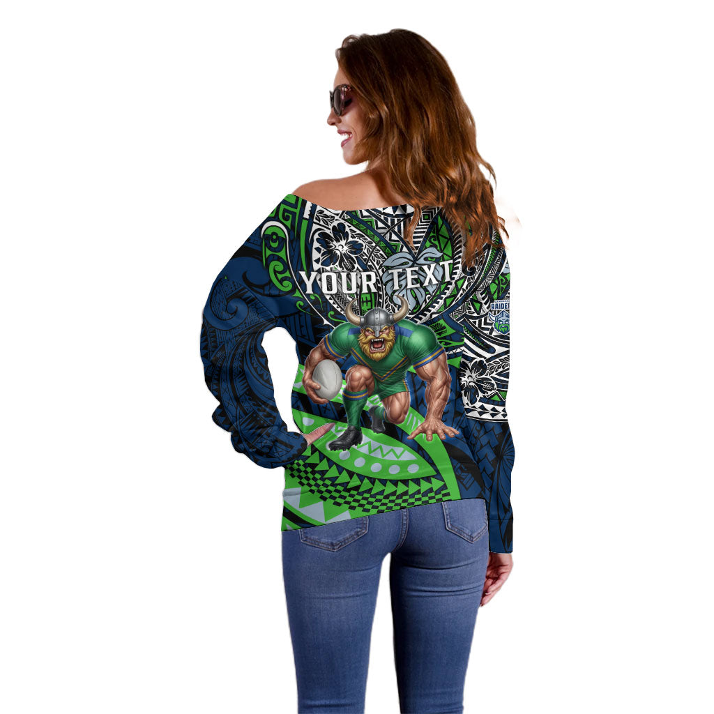 Personalised Canberra Raiders Off Shoulder Sweater Polynesian Tribal Art Style With Viking Raider Mascot