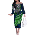 Personalised Canberra Raiders Off The Shoulder Long Sleeve Dress Polynesian Tribal Art Style With Viking Raider Mascot