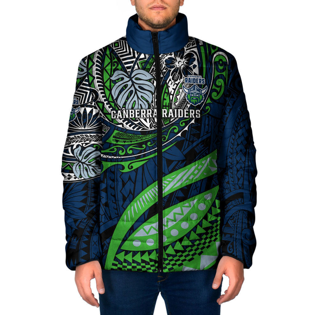 Personalised Canberra Raiders Padded Jacket Polynesian Tribal Art Style With Viking Raider Mascot