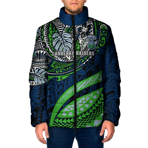 Personalised Canberra Raiders Padded Jacket Polynesian Tribal Art Style With Viking Raider Mascot