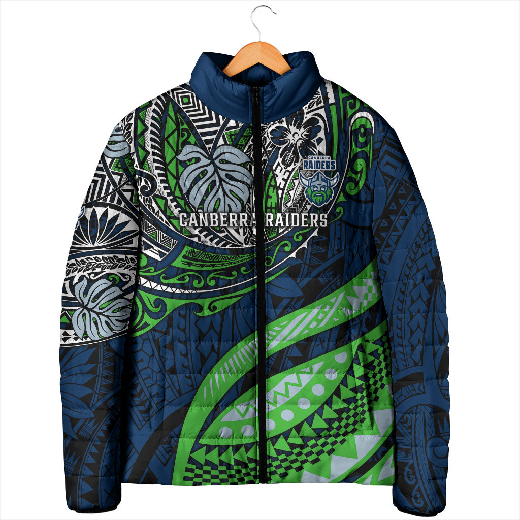 Personalised Canberra Raiders Padded Jacket Polynesian Tribal Art Style With Viking Raider Mascot