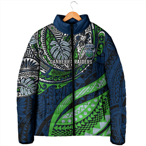 Personalised Canberra Raiders Padded Jacket Polynesian Tribal Art Style With Viking Raider Mascot