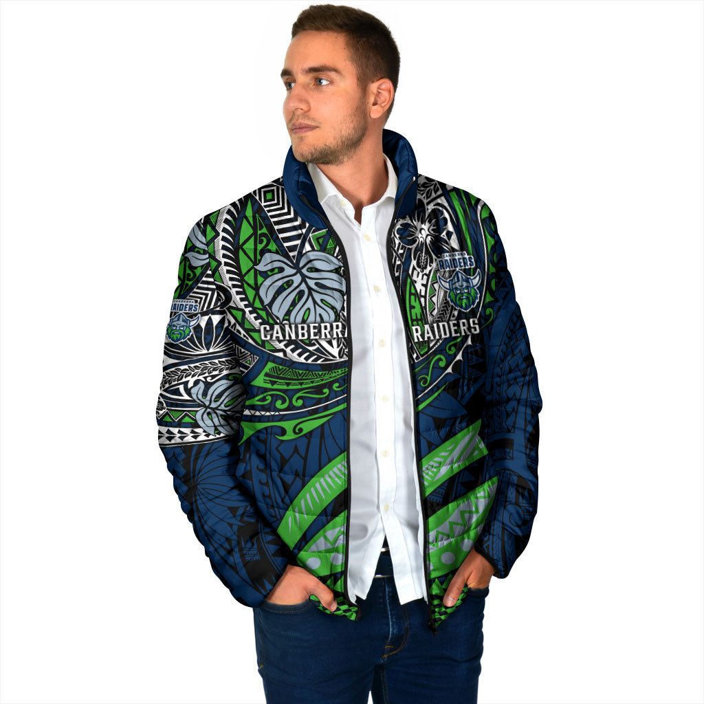 Personalised Canberra Raiders Padded Jacket Polynesian Tribal Art Style With Viking Raider Mascot