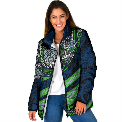 Personalised Canberra Raiders Padded Jacket Polynesian Tribal Art Style With Viking Raider Mascot
