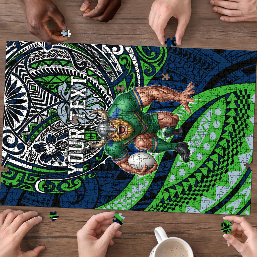 Personalised Canberra Raiders Puzzle Polynesian Tribal Art Style With Viking Raider Mascot
