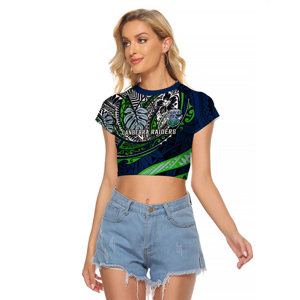Personalised Canberra Raiders Raglan Cropped T Shirt Polynesian Tribal Art Style With Viking Raider Mascot