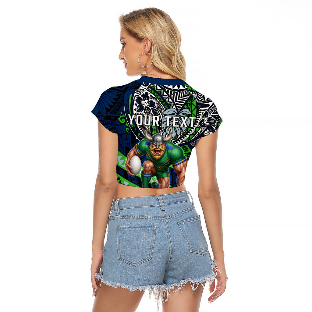 Personalised Canberra Raiders Raglan Cropped T Shirt Polynesian Tribal Art Style With Viking Raider Mascot
