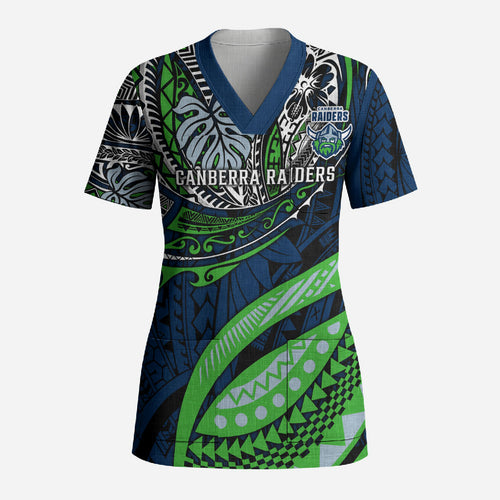 Personalised Canberra Raiders Scrub Top Polynesian Tribal Art Style With Viking Raider Mascot
