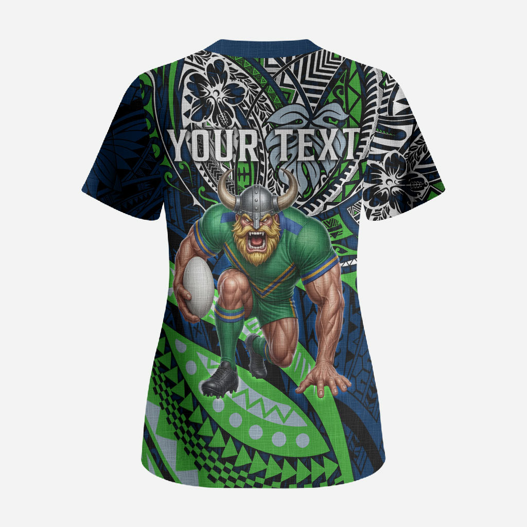 Personalised Canberra Raiders Scrub Top Polynesian Tribal Art Style With Viking Raider Mascot