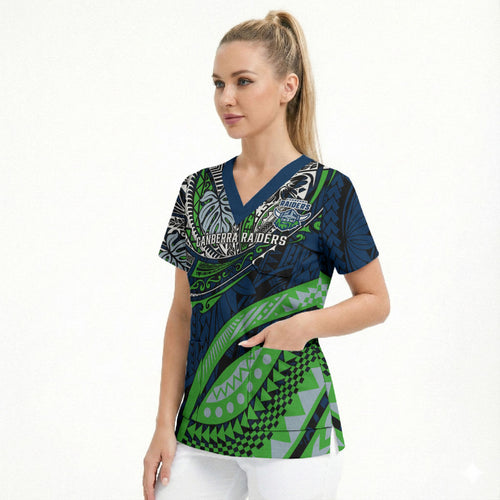 Personalised Canberra Raiders Scrub Top Polynesian Tribal Art Style With Viking Raider Mascot