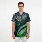 Personalised Canberra Raiders Scrub Top Polynesian Tribal Art Style With Viking Raider Mascot