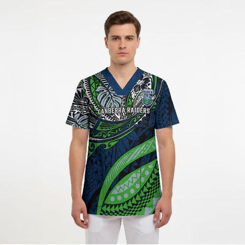 Personalised Canberra Raiders Scrub Top Polynesian Tribal Art Style With Viking Raider Mascot