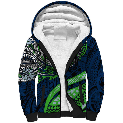 Personalised Canberra Raiders Sherpa Hoodie Polynesian Tribal Art Style With Viking Raider Mascot